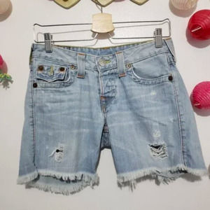 TRUE RELIGION Distressed light wash denim shorts 24